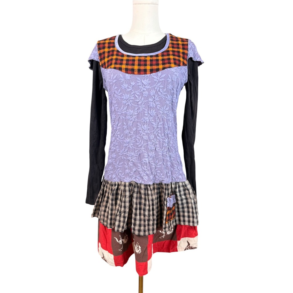 Handmade Patchwork Mixed Media Mini Dress Plaid Lace Western Small